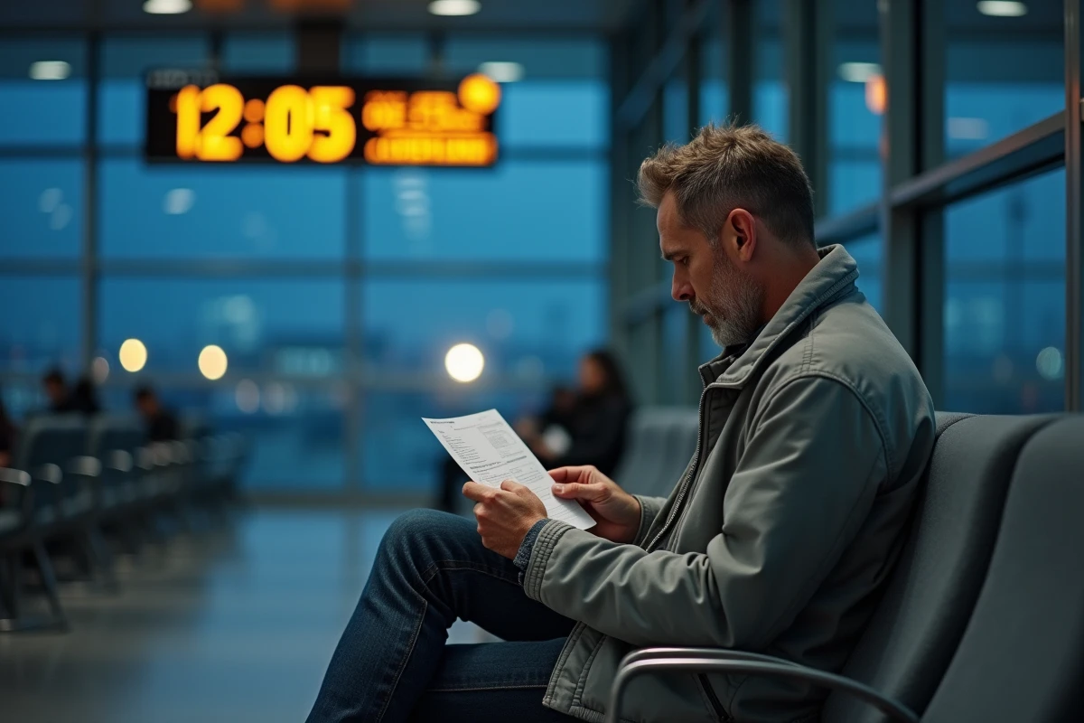 Homme stressé à l'aéroport regardant sa carte d'embarquement avec une horloge affichant minuit en arrière-plan