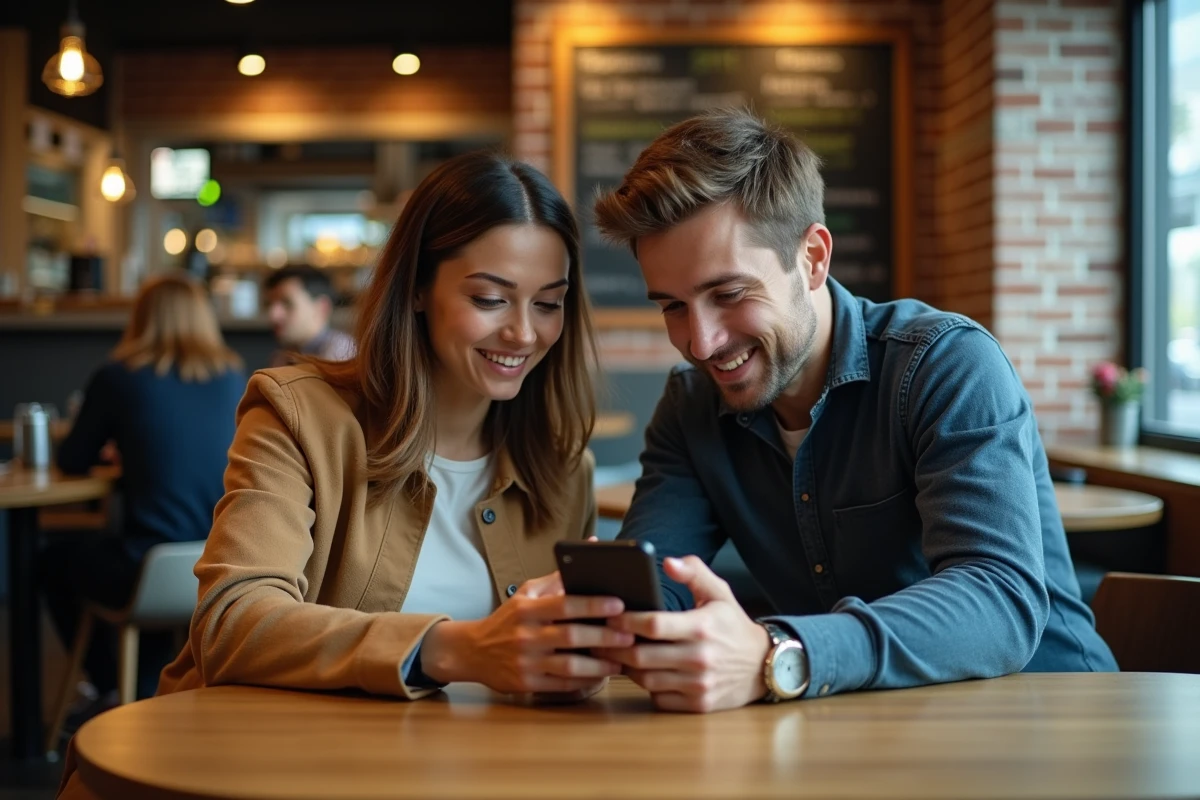 Deux voyageurs dans un café d'aéroport consultant une réservation de vol sur smartphone avec les horaires AM et PM