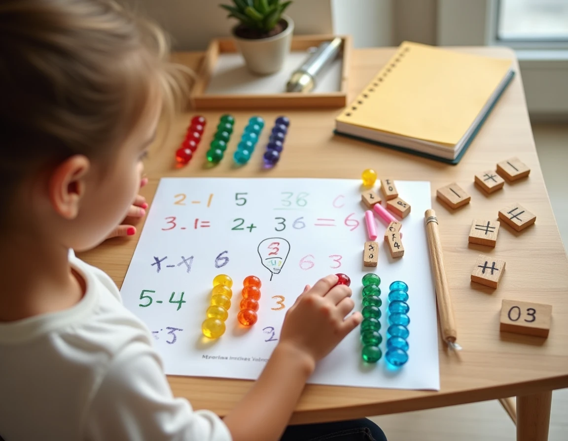 Vue aérienne d'un jeu Montessori de tables de multiplication avec des perles colorées et une planche en bois sur un bureau